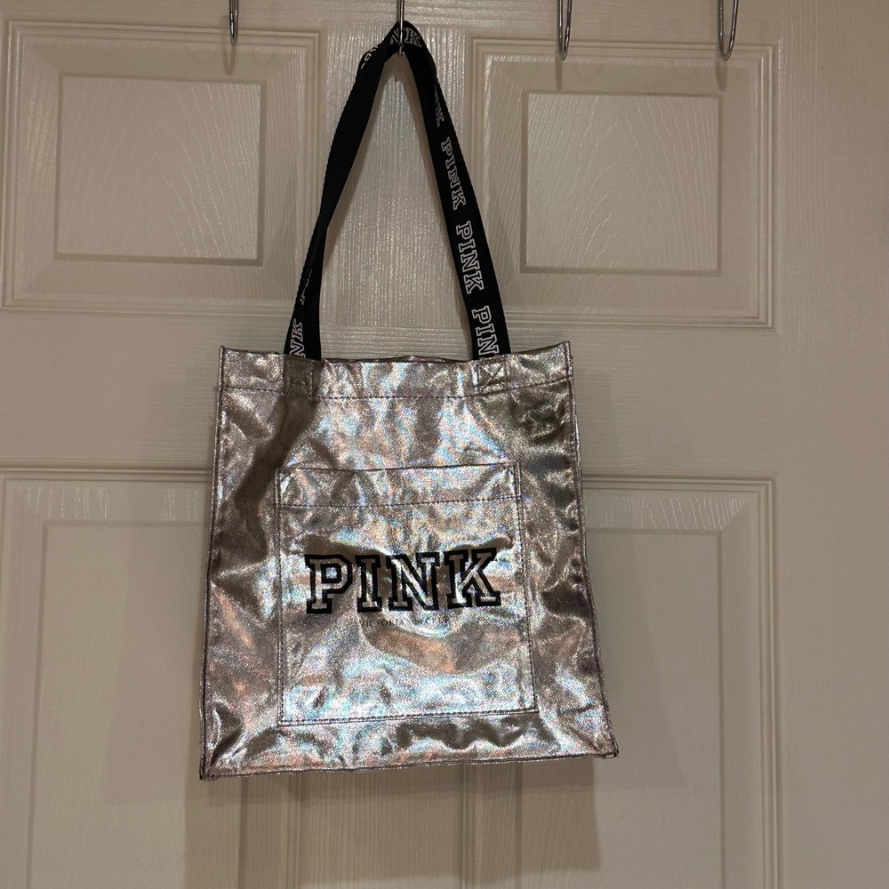 Victoria's Secret PINK Metallic Silver Tote Bag Holographic Logo Strap Shopper